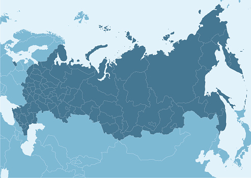 Blue map of Russia with white border lines