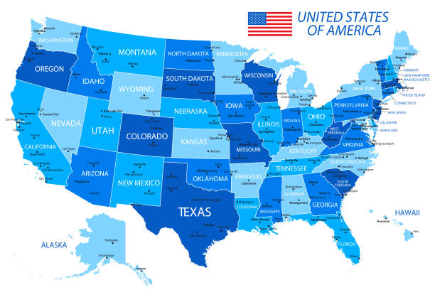 USA Blue Map High detailed vector map of USA with borders, states and national flag

Map was found: http://legacy.lib.utexas.edu/maps/united_states/united_states_pol02.jpg 
Created with Adobe Illustrator with splines 20-11-2019 american culture stock illustrations