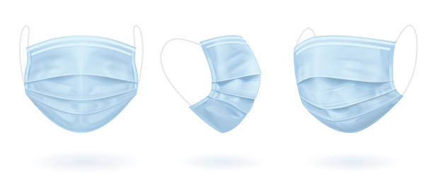 Blue medical mask in three projections Blue medical mask in three projections. Virus protection. Vector EPS 10 surgical mask stock illustrations