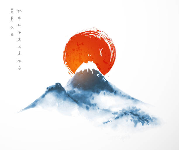 青い山々と大きな赤い太陽、日本のシンボル。白い背景に日本の伝統的なインクウォッシュ絵画sumi-e。富士山。 - 富士山点のイラスト素材／クリップアート素材／マンガ素材／アイコン素材