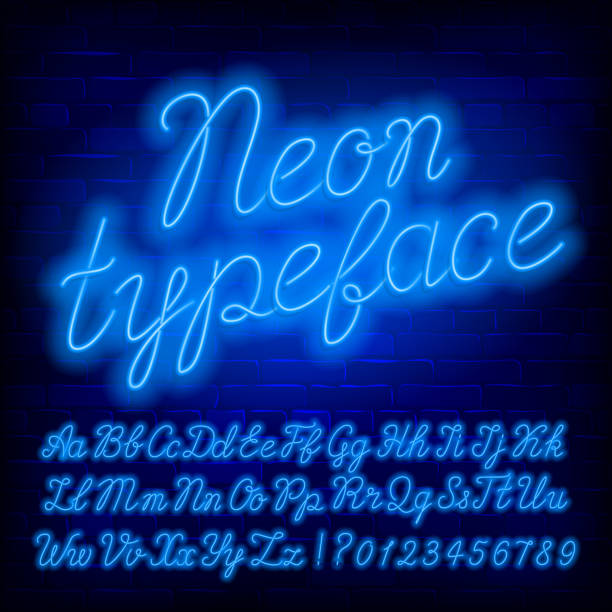 블루 네온 알파벳 글꼴입니다. 파란색 네온 색상 소문자 및 대문자 스크립트 문자와 숫자. - 형광색의 stock illustrations