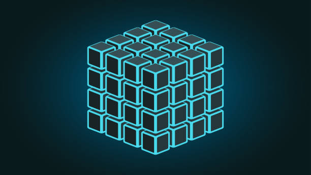Blue neon futuristic cube of cubes on dark background vector art illustration