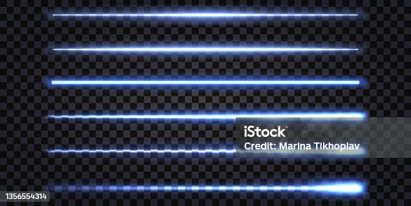 istock Blue neon glowing sticks, laser beams with electric light effect. Lightning thunder bolt. Set of straight shiny lines isolated on dark transparent background. Vector illustration 1356554314