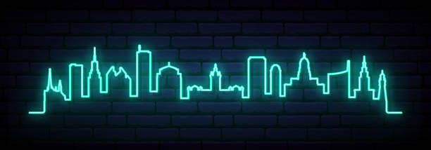 Blue neon skyline of Buffalo. Bright Buffalo City long banner. Vector illustration. Blue neon skyline of Buffalo. Bright Buffalo City long banner. Vector illustration. buffalo new york stock illustrations