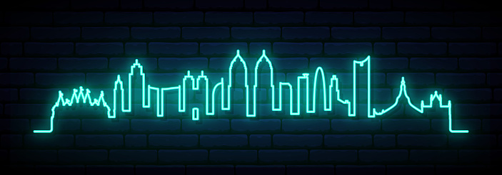 Blue neon skyline of Mumbai. Bright Mumbai City long banner. Vector illustration.