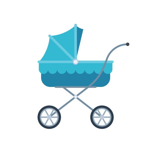 Blue pram for kid Blue pram for kid. Baby carriage icon. Vector illustration in flat style isolated on white background carriage stock illustrations