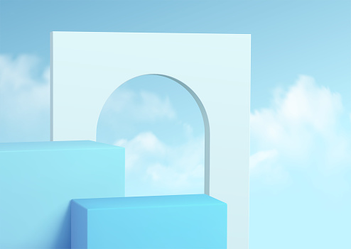 Blue product podium showcase on the background of clear sky with clouds. Podium show cosmetic product 3d realistic Vector illustration