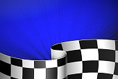 Blue race background, rally banner. Checker flag