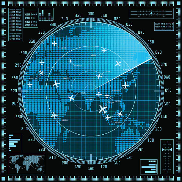 Blue radar screen with planes and world map Blue radar screen with planes and world map. Vector EPS10.  military drawings stock illustrations