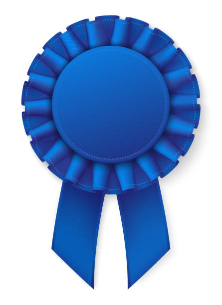 Blue realistic award badge. Fabric ribbon with texture. White thread border. Eps10 vector first place stock illustrations