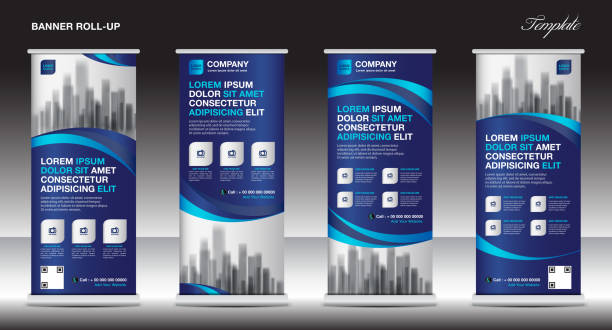 blue Roll up banner template vector, flyer, advertisement, x-banner, poster, pull up design, display, layout vector illustration Blue Roll up banner template vector, flyer, advertisement, x-banner, poster, pull up design, display, layout vector illustration rolling stock illustrations