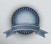 Vector blue round denim badge with ribbon and sequin border.