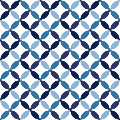 Blue shippo tsunagi geometric pattern. Ornamental Japanese overlapping circles background.