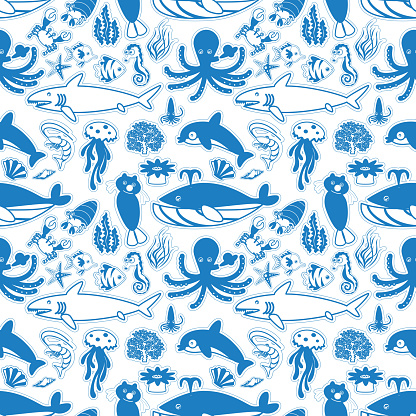 Blue silhouette life under the sea seamless