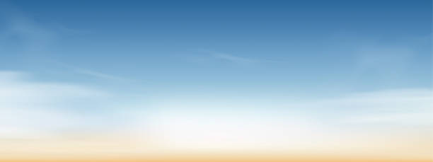 알토스트라투스 구름배경이 있는 푸른 하늘, 서러스 구름이 있는 벡터 만화 하늘, 화창한 날봄과 여름에 는 모든 계절의 수평선 배너를 컨셉으로 합니다. 호라이즌 사계절 배경 - 일몰 stock illustrations