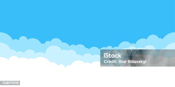 istock Blue sky with white clouds background. Border of clouds. Simple cartoon design. Flat style vector illustration. 1138179218
