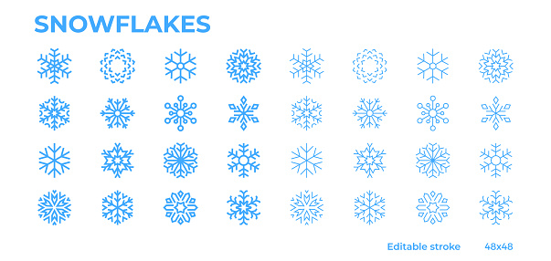 Blue snowflakes icons for winter, Christmas and New Year decoration. Editable stroke.