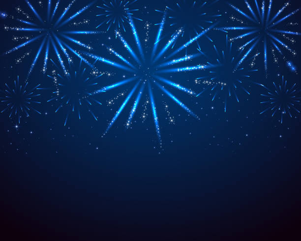 ilustraciones, imágenes clip art, dibujos animados e iconos de stock de azul brillan fuegos artificiales - fireworks background
