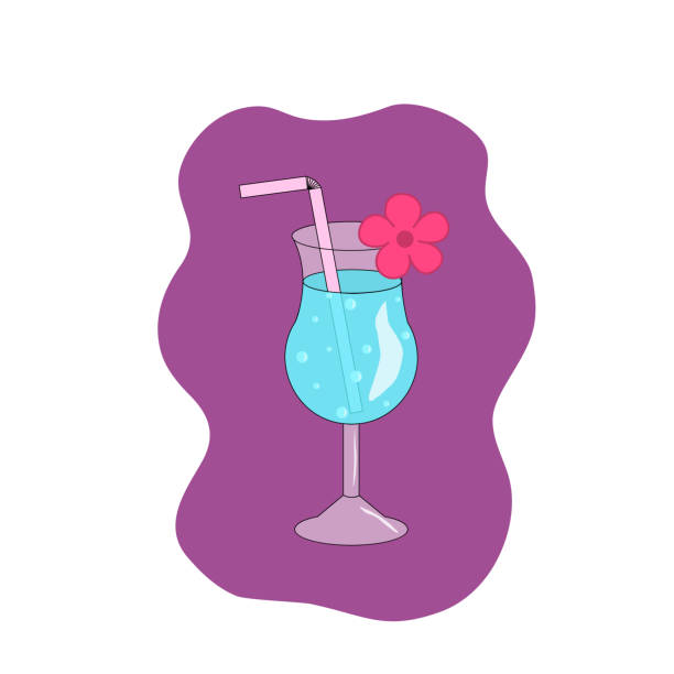 bildbanksillustrationer, clip art samt tecknat material och ikoner med blå sommaren tropisk cocktail med bubblor i ett glas, dekorerad med blomma och halm, vektor - badstrand sommar sverige