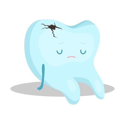 Blue tooth with cavity sitting and feeling depressed vector illustration