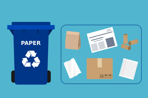 stockillustraties, clipart, cartoons en iconen met blauwe vuilnisbak met papierafval geschikt voor recycling. - waste disposal