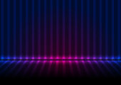 Blue and ultraviolet neon striped wall and floor. Abstract empty stage technology retro background. Futuristic glowing graphic design. Modern vector illustration
