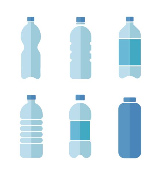 Blue vector flat design icons set of plastic bottles with clean water isolated on white background Blue vector flat design icons set of plastic bottles with clean water isolated on white background. plastic stock illustrations