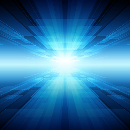 Vector image showing a background that represents a concept of virtual technology.  The image has a deep blue color at the edges that become lighter into almost white as it comes closer to the center of the image.  There is a transparent road running from the bottom of the image towards the center that is a light blue color.  The top corners are dark and almost black in color.  The top section of the image is made up of interposed rectangles that are made up of various shades of blue.