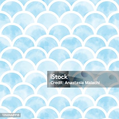 istock Blue water color mermaid scallop seamless pattern vector illustration isolated on white. 1350448918