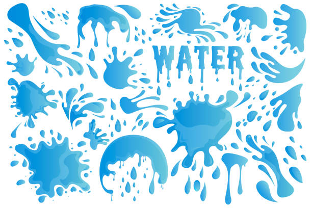 ilustrações, clipart, desenhos animados e ícones de elemento de conjunto decor azul gota d'água ou respingo incluem de gotículas, espirrando, gota de chuva e lágrima. ilustração vetorial eps10 - splash