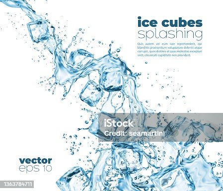 istock Blue water wave cascade splashes and ice cubes 1363784711