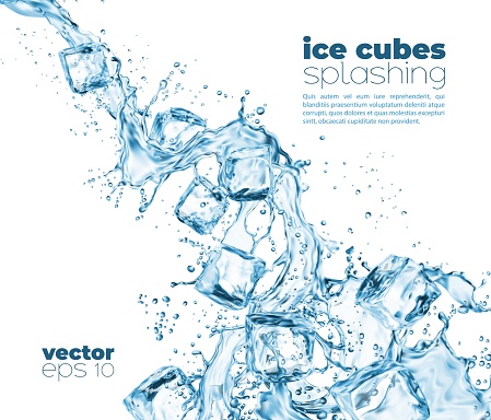 Blue water wave cascade splashes and ice cubes