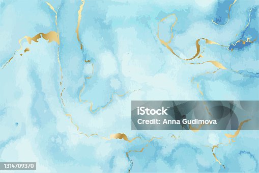 istock Blue watercolor fluid painting with luxury gold marble texture. Golden ink splash background. 1314709370