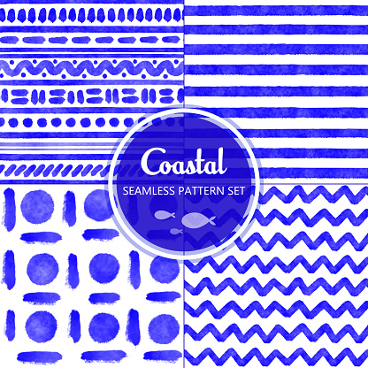 Blue Watercolor Seamless Tribal Pattern Set. Hand Drawn Stripes, Waves and Circles Pattern Background. Coastal Summer Concept. Design Element for Greeting Cards and Labels, Marketing, Business Card Abstract Background.