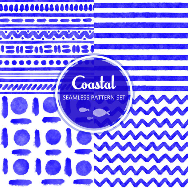 Blue Watercolor Seamless Tribal Pattern Set. Hand Drawn Stripes, Waves and Circles Pattern Background. Coastal Summer Concept. Design Element for Greeting Cards and Labels, Marketing, Business Card Abstract Background. Blue Watercolor Seamless Tribal Pattern Set. Hand Drawn Stripes, Waves and Circles Pattern Background. Coastal Summer Concept. Design Element for Greeting Cards and Labels, Marketing, Business Card Abstract Background. decorative art stock illustrations
