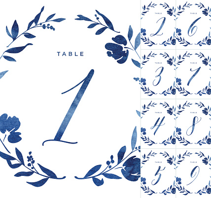 Blue Watercolour Wedding Table Numbers