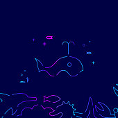Blue Whale Vector Line Illustration. Marine Life, Underwater World, Sea Creature Gradient Icon, Symbol or Pictogram, Sign. Dark Blue Background. Related Bottom Border.