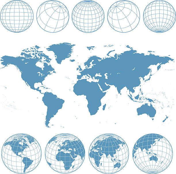 blue world map and wireframe globes Vector world map and wireframe globes in blue. striped illustrations stock illustrations