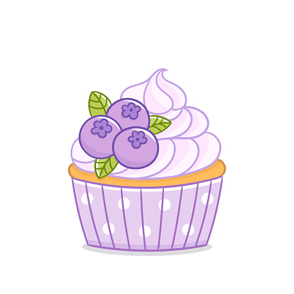 Blueberry cupcake muffin. Delicious dessert with whipped cream and berries on the top.