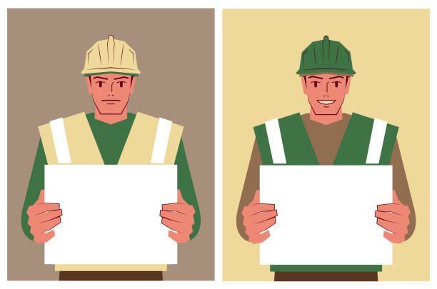 A blue-collar worker wears a work helmet and holds a blank sign with two different emotions vector art illustration