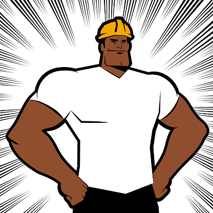 A blue-collar worker wears a work helmet and stands with fists on his hip and smiles on white background with comics effects lines