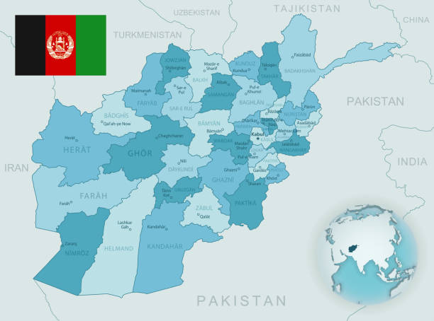 ilustraciones, imágenes clip art, dibujos animados e iconos de stock de azul-verde mapa detallado de las divisiones administrativas de afganistán con la bandera del país y la ubicación en el mundo. - afghanistan