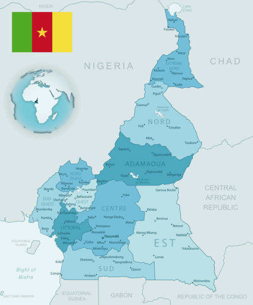 illustrazioni stock, clip art, cartoni animati e icone di tendenza di mappa dettagliata blu-verde delle divisioni amministrative del camerun con bandiera del paese e posizione sul globo. - camerun