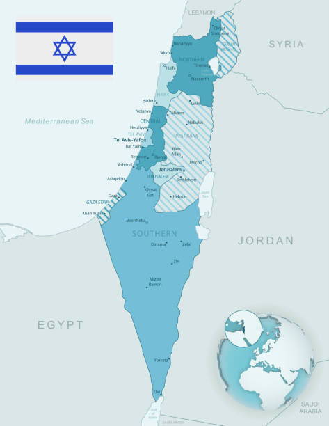 ülke bayrağı ve dünya üzerinde konumu ile i̇srail idari bölünmeler mavi-yeşil ayrıntılı harita. - tel aviv stock illustrations