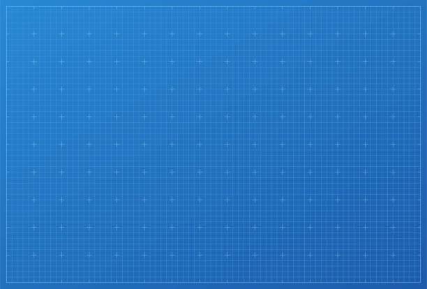 фон чертежа. синий бумажный принт с иллюстрацией вектора белой сетки. рисунок листа для архитектуры или измерения в инженерии, технологии и - office background stock illustrations