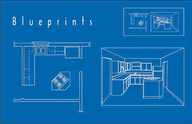 Blueprints A vector blueprint containing a footprint and isometric veiw including fixtures. kitchen drawings stock illustrations