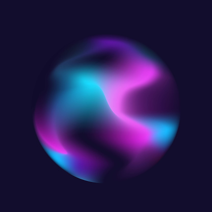 blurred liquid electric wavy holographic silk abstract soft vibrant pink blue white purple turquoise colors flow blend gradient circle sphere on dark blue background