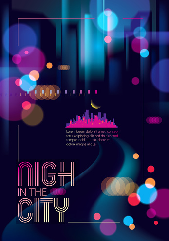 Blurred street lights, urban abstract background. Effect vector beautiful art. Big city nightlife. Blur colorful dark background with cityscape, buildings silhouettes. Brochure, flyer, cover, poster or guidebook template.
