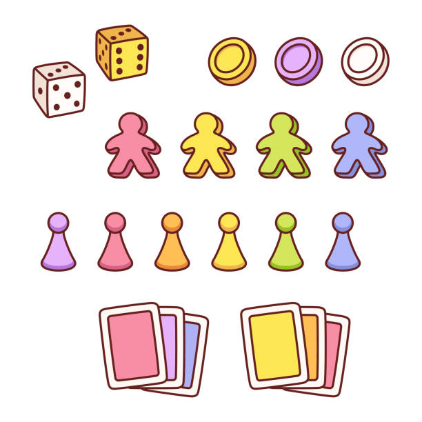 Board game pieces set Board game pieces set in cute hand drawn cartoon style. Different markers, playing cards and dice. Isolated vector clip art illustration collection. chess clipart stock illustrations