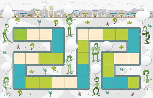 Board game with green people on the city. Green park. vector